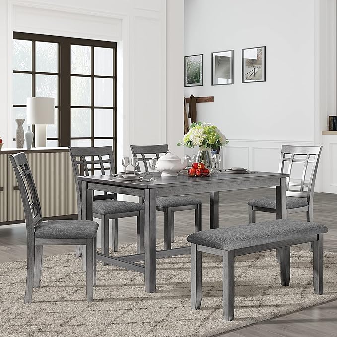 Farmhouse Style, Spacious 4 Chairs and Multifunctional Bench, Long-Lasting Solid Wood, for Kitchen, Room, 6 Piece Dining Table Set, Gray 7 - LeafyLoom