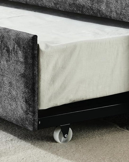 Full Size Upholstered Daybed with Twin Size Trundle, Tufted Sofa Bed w/Waved Shape Arms, for Bedroom Living Room, No Box Spring Needed & Space-Saving Design, Grey - LeafyLoom