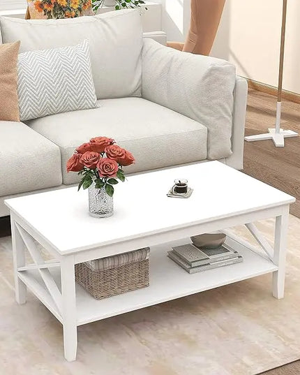ChooChoo White Coffee Table Classic X Design for Living Room, Rectangular Modern Cocktail Table with Storage Shelf, 39 Inch - LeafyLoom