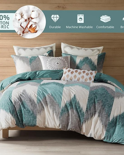 INK+IVY Queen Size Comforter Set, Cozy Cotton Comforter, All Season, Lightweight Comforter Queen Bed Set with 2 Matching Shams, Modern Cabin Lodge Ikat Chevron Design, Aqua Full/Queen 3 Piece - LeafyLoom