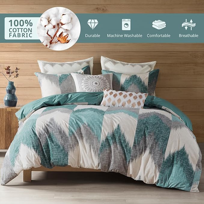 INK+IVY Queen Size Comforter Set, Cozy Cotton Comforter, All Season, Lightweight Comforter Queen Bed Set with 2 Matching Shams, Modern Cabin Lodge Ikat Chevron Design, Aqua Full/Queen 3 Piece - LeafyLoom