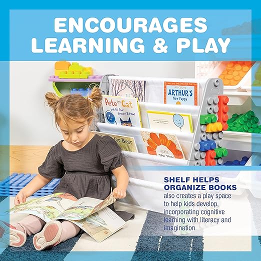 UNiPLAY Kids 4-Tier Book Storage Organizer with Sling Book Pockets, Plastic Sling Rack Bookshelf for Playroom, Fits Blocks, Gray/Primary - LeafyLoom