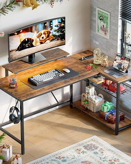 Bestier 58 L Shaped Desk with Power Outlets,Home Office Corner Desk with Reversible Shelves & LED Lights - Modern Simple Writing Study Desk for Small Space,Rustic Brown - LeafyLoom