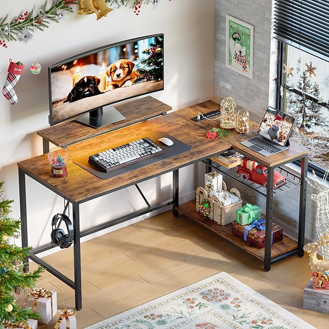 Bestier 58 L Shaped Desk with Power Outlets,Home Office Corner Desk with Reversible Shelves & LED Lights - Modern Simple Writing Study Desk for Small Space,Rustic Brown - LeafyLoom