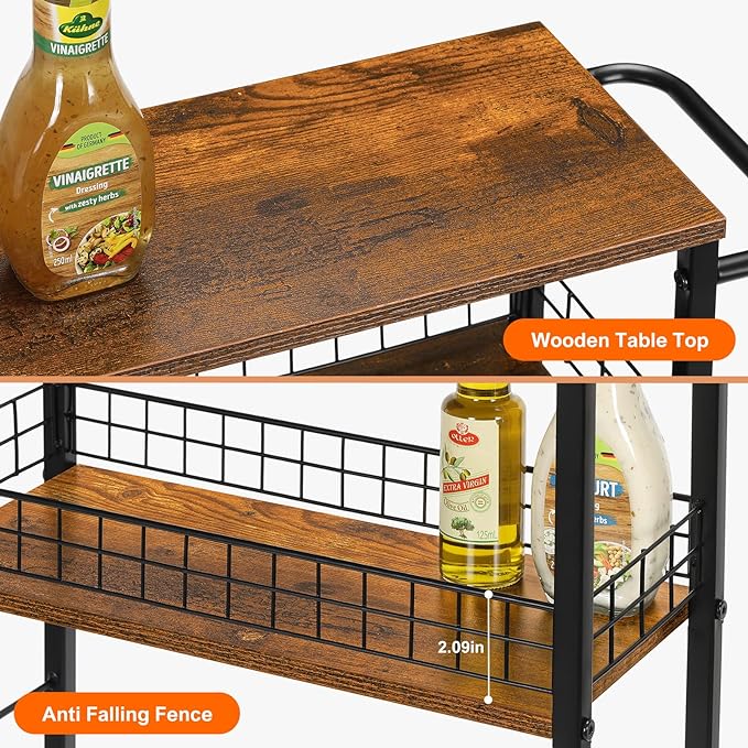 YBING Slim Storage Cart 4 Tier Kitchen Rolling Cart on Wheels Mobile Narrow Cart with Wooden Tabletop Slide Out Utility Cart for Bathroom Laundry Narrow Places Rustic Brown 16.5''L X 7.3''W X 34.6''H - LeafyLoom