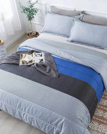 Andency Stripe Blue Comforter Set King Size, 3 Pieces Gray and Blue Patchwork Striped Comforter(104x90 Inch), Soft Microfiber Down Alternative Comforter Bedding Set with Corner Loops - LeafyLoom