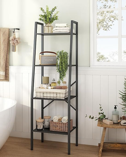 Hoctieon Ladder Shelf Bookcase, 4-Tier Ladder Bookshelf, Tall Bookshelf with Metal Frame, Industrial Bookshelf Ladder, for Living Room, Kitchen, Home Office, Bedroom, Simple Assembly, Black - LeafyLoom