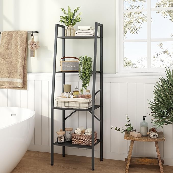 Hoctieon Ladder Shelf Bookcase, 4-Tier Ladder Bookshelf, Tall Bookshelf with Metal Frame, Industrial Bookshelf Ladder, for Living Room, Kitchen, Home Office, Bedroom, Simple Assembly, Black - LeafyLoom