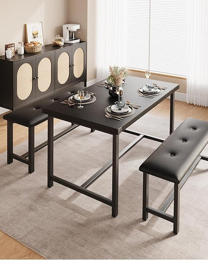 Kitchen Table with Benches, Dining Table Set for 4, Rectangular Dining Room Table Set with 2 Upholstered Benches, 3 Piece Kitchen Table Set for Small Space, Apartment, Studio, Retro Black - LeafyLoom
