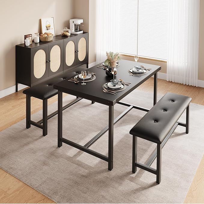 Kitchen Table with Benches, Dining Table Set for 4, Rectangular Dining Room Table Set with 2 Upholstered Benches, 3 Piece Kitchen Table Set for Small Space, Apartment, Studio, Retro Black - LeafyLoom