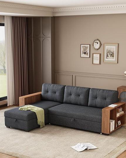 84" Pull, L Shaped Couch with Wooden Storage Handrail,Convertible Sectional Sleeper Sofa W/Chaise and 3 Back Cushions for Living Room,Apartment,Office,Dark Grey - LeafyLoom