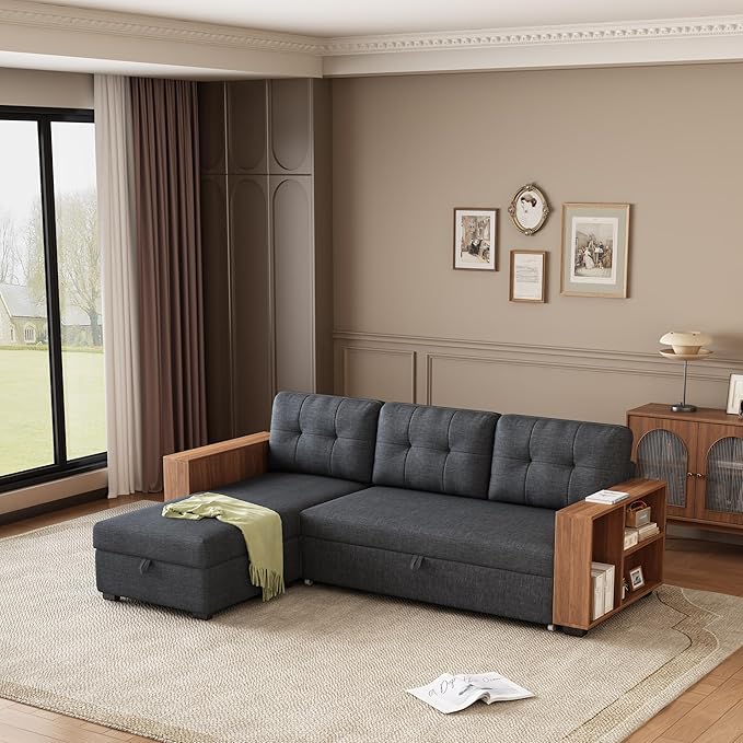 84" Pull, L Shaped Couch with Wooden Storage Handrail,Convertible Sectional Sleeper Sofa W/Chaise and 3 Back Cushions for Living Room,Apartment,Office,Dark Grey - LeafyLoom
