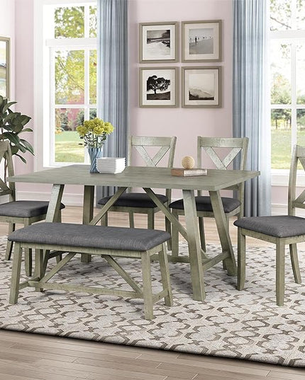 Dining Room Table Set for 6, Wood Kitchen Table Set with 4 Upholstered Chairs & 1 Padded Bench, 6-Piece Rustic Style Dining Table and Chairs for Kitchen, Dining Room, Grey Green - LeafyLoom