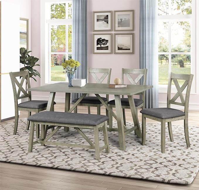 Dining Room Table Set for 6, Wood Kitchen Table Set with 4 Upholstered Chairs & 1 Padded Bench, 6-Piece Rustic Style Dining Table and Chairs for Kitchen, Dining Room, Grey Green - LeafyLoom