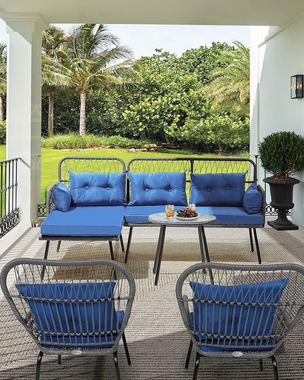 YITAHOME Patio Furniture L-Shaped Coversation Sectional Outdoor Sofa Set for Backyard, Porch with Thick Cushions Detachable Lounger, Side Table (Gray+Navy Blue) - LeafyLoom