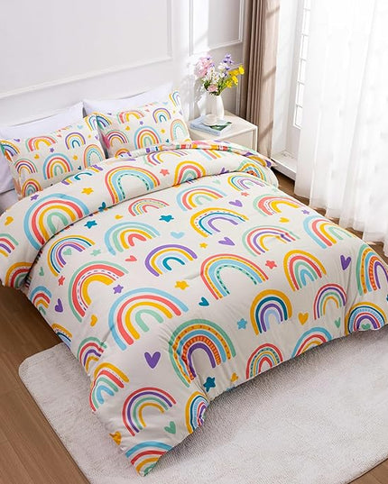 Btargot 3 Piece Kids Rainbow Comforter Set with 2 Pillow Covers, Cartoon Love Hearts Suns and Stars Bedding Set for Girls Boys Kids, Twin Beige - LeafyLoom