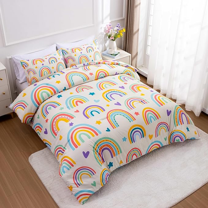 Btargot 3 Piece Kids Rainbow Comforter Set with 2 Pillow Covers, Cartoon Love Hearts Suns and Stars Bedding Set for Girls Boys Kids, Twin Beige - LeafyLoom