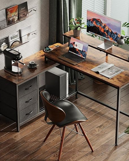 Reversible L Shaped Computer Desk with Drawers, Gaming Desk with LED Lights and Power Outlets, Office Desk with Storage, Corner Desk with Monitor Stand, for Home & Office, Rustic Brown - LeafyLoom