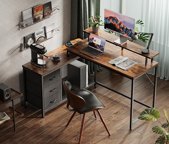 Reversible L Shaped Computer Desk with Drawers, Gaming Desk with LED Lights and Power Outlets, Office Desk with Storage, Corner Desk with Monitor Stand, for Home & Office, Rustic Brown - LeafyLoom