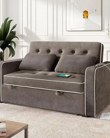 3 in 1 Multi-Functional Pull Out Sofa Bed , Linen Upholstered Convertible Sleeper Loveseat Couch Guest Daybed with Adjustable Backrest and Dual USB Charging Port for Living Room Office RV Furniture - LeafyLoom