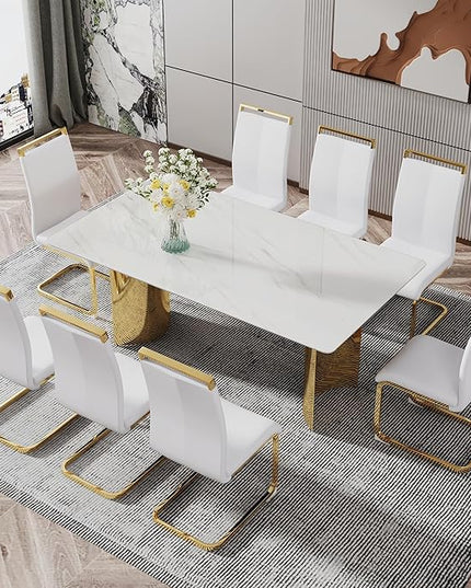 NicBex Modern Minimalist Dining Table The White Imitation Marble Glass Desktop is Equipped with Golden Metal Legs Suitable for Restaurants and Living Rooms, White - LeafyLoom