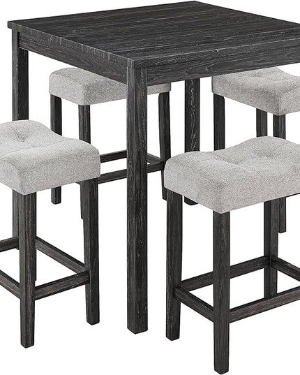 RITSU 5 Piece Square, Bar Chairs Set, Bistro Industrial Breakfast Table + 4 Upholstered Stools, for Living, Small Apartment, Dining, Game Room, Black+Gray - LeafyLoom