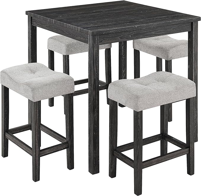 RITSU 5 Piece Square, Bar Chairs Set, Bistro Industrial Breakfast Table + 4 Upholstered Stools, for Living, Small Apartment, Dining, Game Room, Black+Gray - LeafyLoom