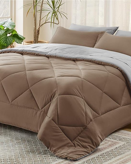 Bedsure Brown Queen Comforter Set - 7 Pieces Reversible Queen Bed in a Bag, Queen Bed Set Brown and Grey with Comforters, Sheets, Pillowcases & Shams - LeafyLoom