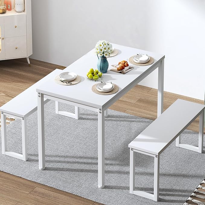 soges Kitchen Table Set with 2 Benches, White Dining Table Set for 4, 3 Piece Dining Room Table and Long Benches, Breakfast Table Coffee Table Set, Industrial Style Wooden Kitchen and Dining Room Set - LeafyLoom