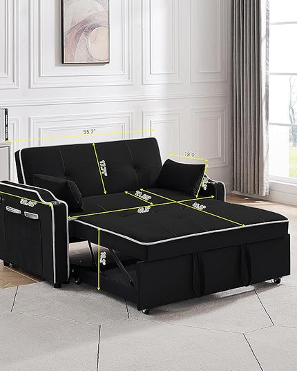 3-in-1 Velvet Upholstered Sofabed Tufted Futon Loveseat Sofa Convertible Sleeper Couch Bed with Cupholders and USB Charging Ports,Modern 2-Seaters Love Seat Daybed for Living Room, 55.2", Black1 - LeafyLoom