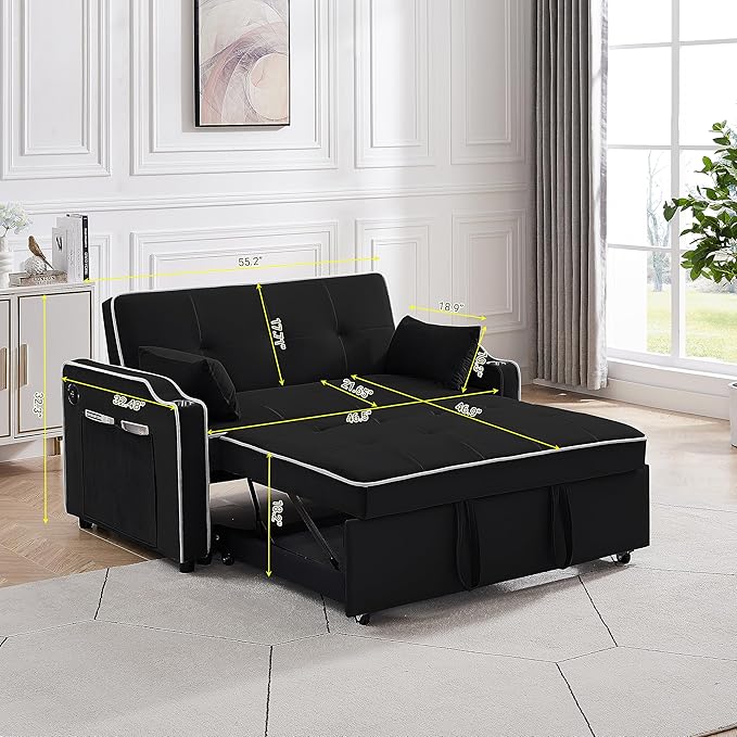 3-in-1 Velvet Upholstered Sofabed Tufted Futon Loveseat Sofa Convertible Sleeper Couch Bed with Cupholders and USB Charging Ports,Modern 2-Seaters Love Seat Daybed for Living Room, 55.2", Black1 - LeafyLoom