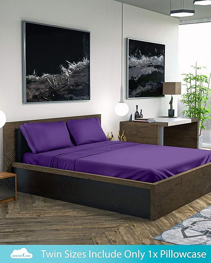 DREAMCARE Full Size Sheets - Cooling Bed Sheets - 4pcs Set - up to 15" Deep Pocket Full Sheet Set - Sheets Full Size Bed - Soft & Long Lasting 100% Fine Brushed Polyester with Side Pocket - Purple - LeafyLoom
