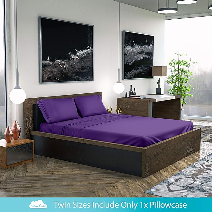 DREAMCARE Full Size Sheets - Cooling Bed Sheets - 4pcs Set - up to 15" Deep Pocket Full Sheet Set - Sheets Full Size Bed - Soft & Long Lasting 100% Fine Brushed Polyester with Side Pocket - Purple - LeafyLoom