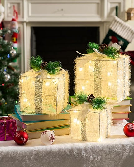 Joiedomi Christmas Lighted Gift Boxes, Christmas Decorations Set of 3, Light up Present Boxes, 60 LED Warm White Lights for Indoor Holiday Décor, Christmas Eve Night Décor Joiedomi