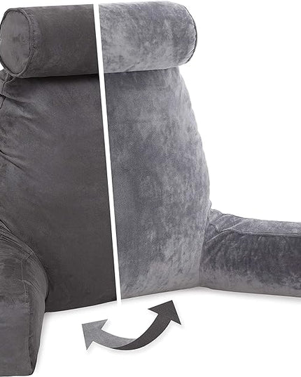 Husband Pillow XXL Cover Aspen Edition Iron Grey, Reversible Microfiber to Microsuede, Side & Back Pockets - Handle for Easy Transport - Super Cozy Bed Rest Pillow Cover with Arms - Easy Care - LeafyLoom