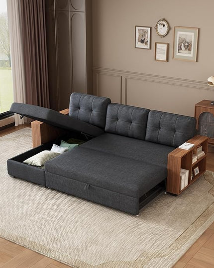 84" Pull Out Sectional Couch with Storage Chaise,L-Shape Upholstered Reversible Sofa Bed W/Hidden Wood Shelf Armrests,Linen Corner Sleeper for Living Room Apartment,Dark Grey - LeafyLoom