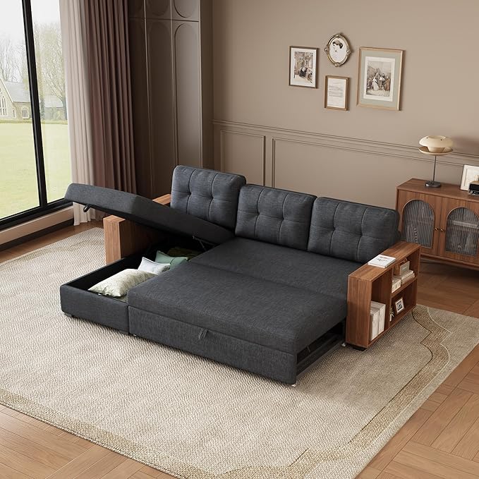 Ball & Cast 84" Sectional Sleeper Sofa Chaise, L Shaped Pull Out Couch Bed,Wooden Storage Handrail,for Apartments, Living Room and Office, Dark Grey - LeafyLoom