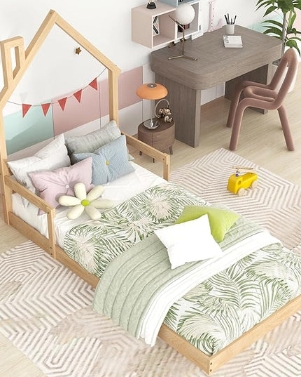 Bellemave Twin Size House-Shaped Headboard Floor Bed for Kids,Montessori Floor Bed with Handrails and Slats,Wood House Bed Twin for Girls,Boys(Twin,Natural) - LeafyLoom