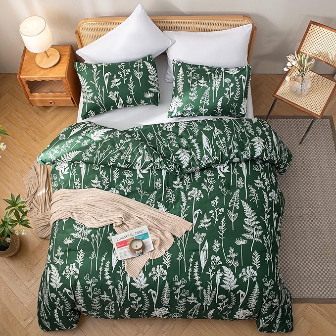 JANZAA Twin Emerald 2 PCS Bedding Sets Floral Comforter Set Plant Flowers Printed on Soft Comforter Set for All Season - LeafyLoom