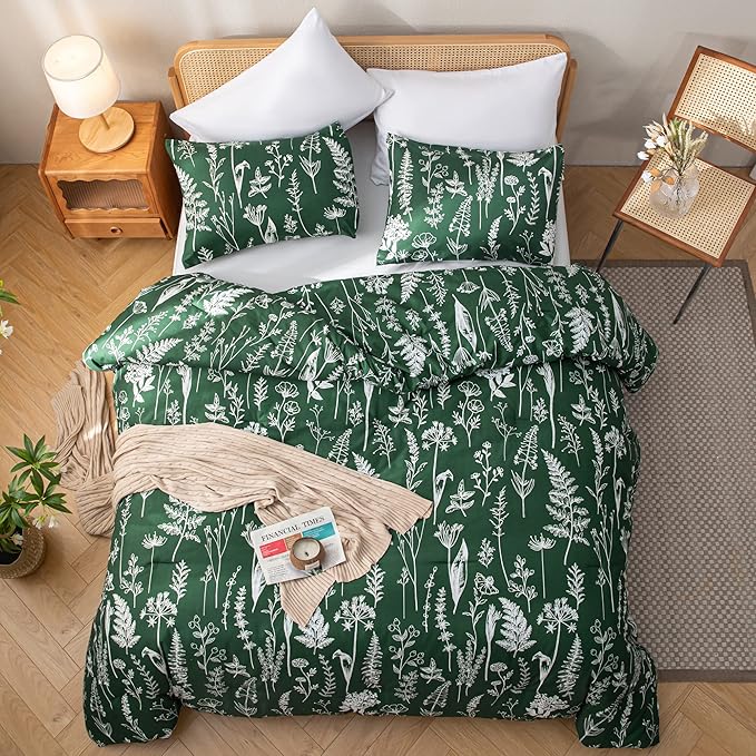 JANZAA Queen Comforter Set Emerald 3 PCS Bedding Sets Floral Plant Flowers Printed on Fluffy Comforter Set for All Season - LeafyLoom