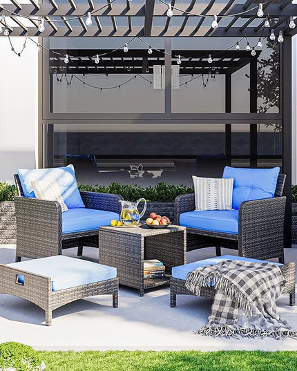 Pamapic 5 Pieces Wicker Patio Furniture Set Outdoor Patio Chairs with Ottomans Conversation Furniture with coffetable for Poorside Garden Balcony(Blue Cushion + Black Rattan)… - LeafyLoom