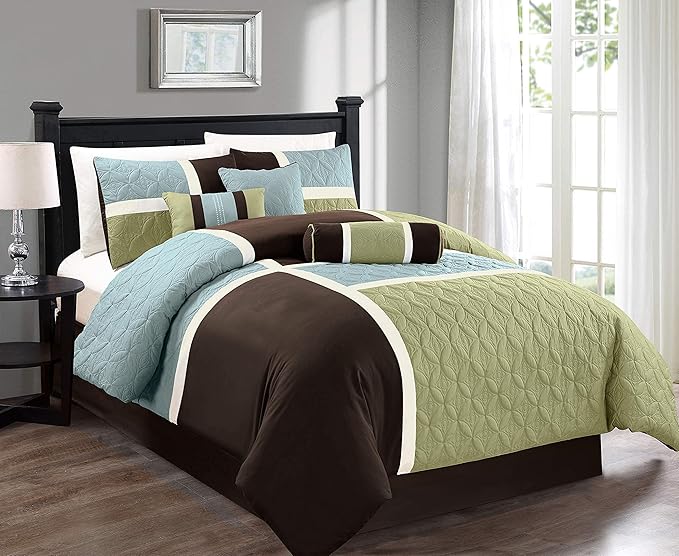 Chezmoi Collection 7-Piece Quilted Patchwork Comforter Set, Coffee Brown/Aqua Blue/Sage Green, King - LeafyLoom
