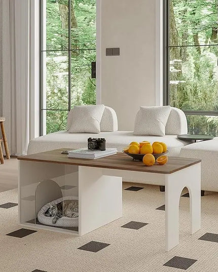 ChooChoo Farmhouse Coffee Table, Cocktail Table Wooden Modern Coffee Table with Opening Cat House for Accent Furniture for Living Room, Meeting Room, Home Decor - LeafyLoom