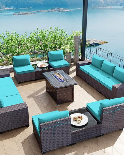 Kullavik 13 Pieces Outdoor Patio Furniture Set with 43" 55000BTU Gas Propane Fire Pit Table PE Wicker Rattan Sectional Sofa Patio Conversation Sets,Blue - LeafyLoom