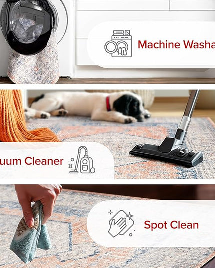 nuLOOM 2x8 Machine Washable Rain Haven Vintage Medallion Area Rug, Peach, Traditional Faded Design, Non-Slip Backing, Stain Resistant, For Bedroom, Dining Room, Living Room, Kitchen - LeafyLoom