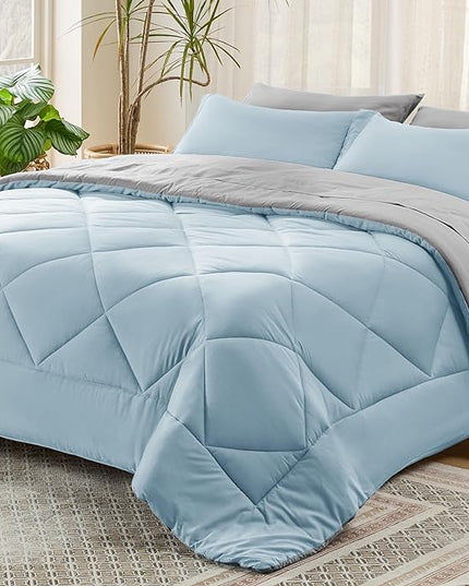 Bedsure Sky Blue King Size Comforter Set - 7 Pieces Reversible King Bed in a Bag King Bed Set with Comforters, Sheets, Pillowcases & Shams, King Bedding Sets - LeafyLoom