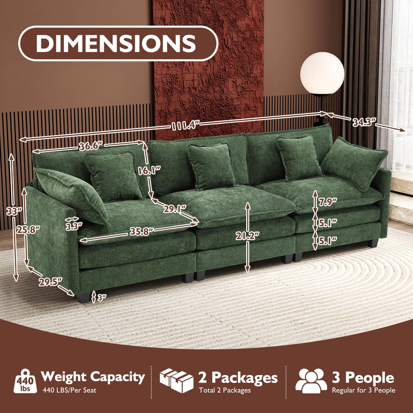 Ihanherry 111.4" L Shaped Modern Sofa Modular Sectional Cloud Couch with Ottoman, 4-Seat Chenille Deep Seat Sofa with Pillow for Living Room, Bedroom and Apartment, Beige LeafyLoom