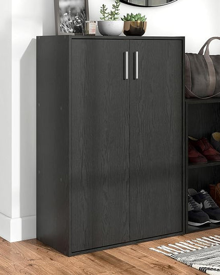 Apexa Stackable Wood Bookcase with Doors, Cube Storage Organizer Shelves, Small Food Pantry, Dorm Teen Room Decor & Bedroom, Home Office, Kitchen, 3-Tier Cabinet, Black - LeafyLoom