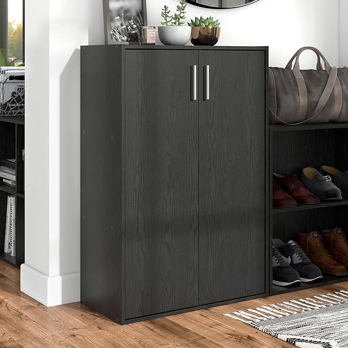 Apexa Stackable Wood Bookcase with Doors, Cube Storage Organizer Shelves, Small Food Pantry, Dorm Teen Room Decor & Bedroom, Home Office, Kitchen, 3-Tier Cabinet, Black - LeafyLoom