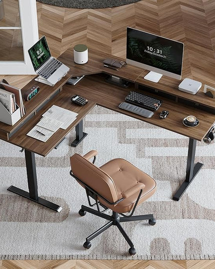 FEZIBO 63" L Shaped Standing Desk with 4 Drawers, Electric Standing Gaming Desk Adjustable Height, Corner Stand up Desk with Splice Board, Black Frame/Black Walnut Top - LeafyLoom
